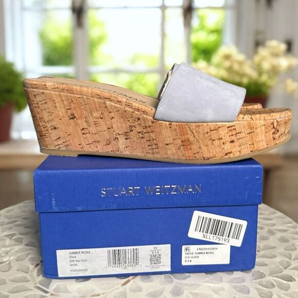 Stuart Weitzman $375 Summer Suede Leather Wedge Slide Sandals Cork Platform Slip - Picture 9 of 14